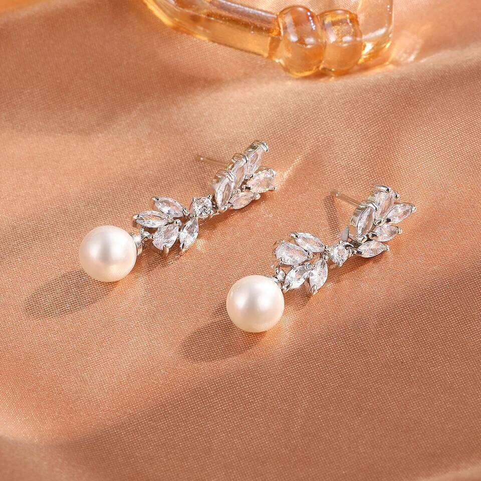 ZAKOL Luxury Leaf Cubic Zirconia Imitation Pearl Dangle Earring for Women Elegant Wedding Engagement Party Jewelry