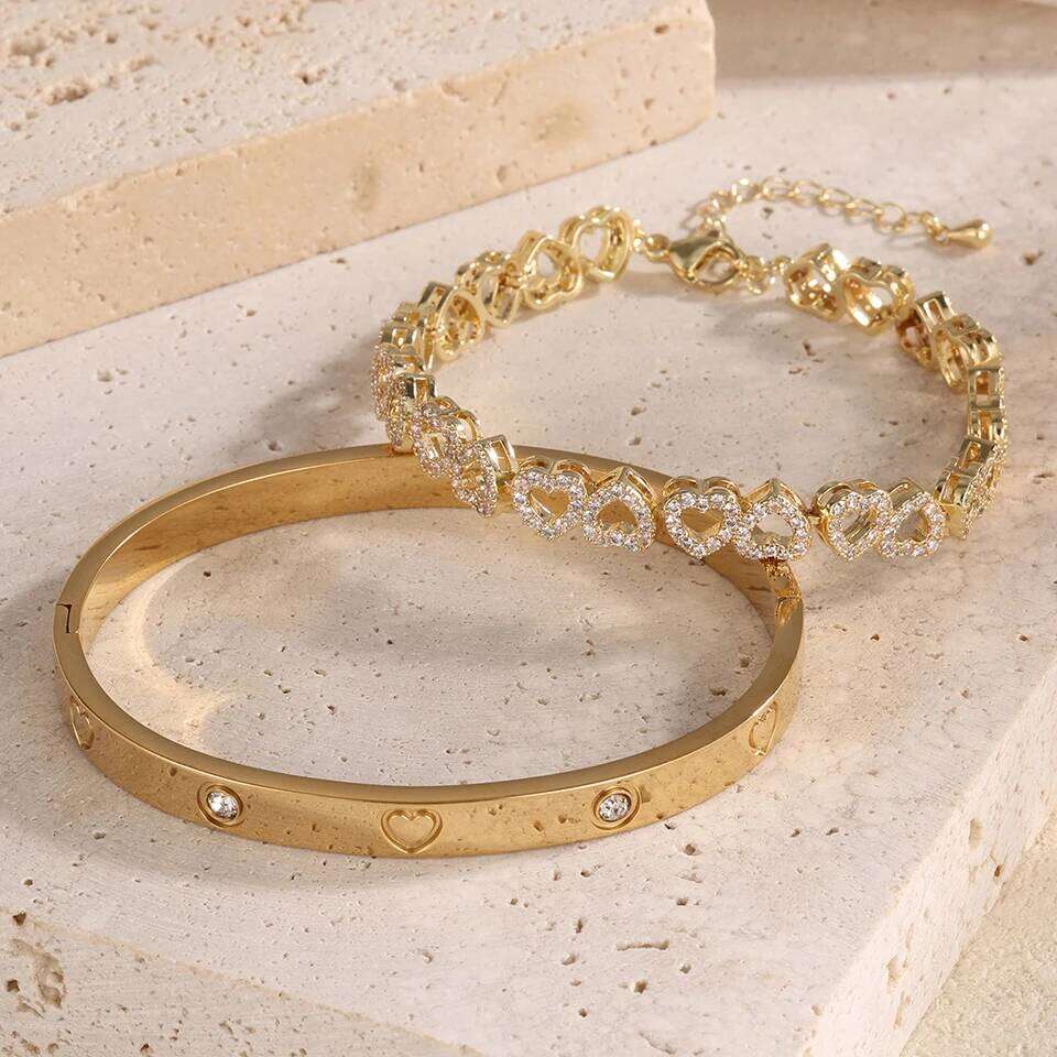 ZAKOL New Stainless Steel Stackable Bracelets Brilliant Zirconia Hollow Heart-shaped Charm Couple Bracelet Party Accessories