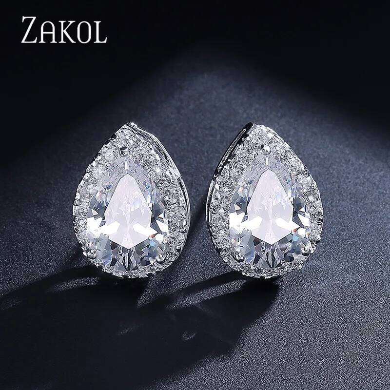 ZAKOL Classic Silver Color Water Drop Cubic Zircon Stud Earrings for Women Crystal Bridal Wedding Party Jewelry Aretes