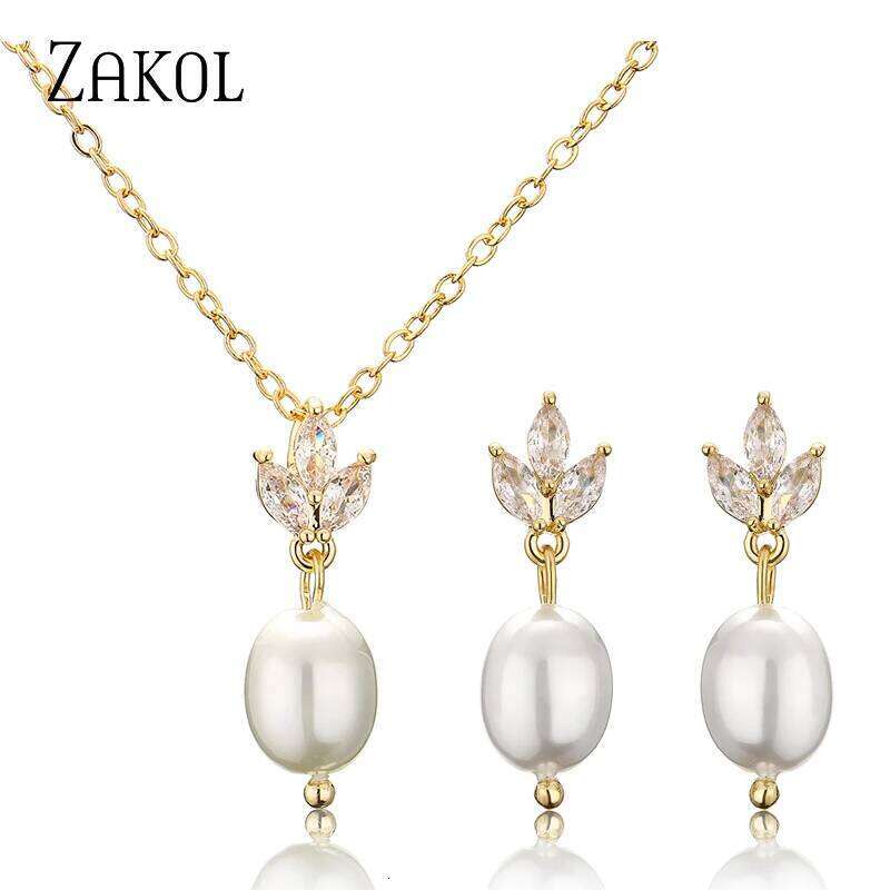 ZAKOL Fashion Leaf Shiny Zircon Pearl Drop Earring Necklaces Sets for Women Charming Wedding Jewelry Gift