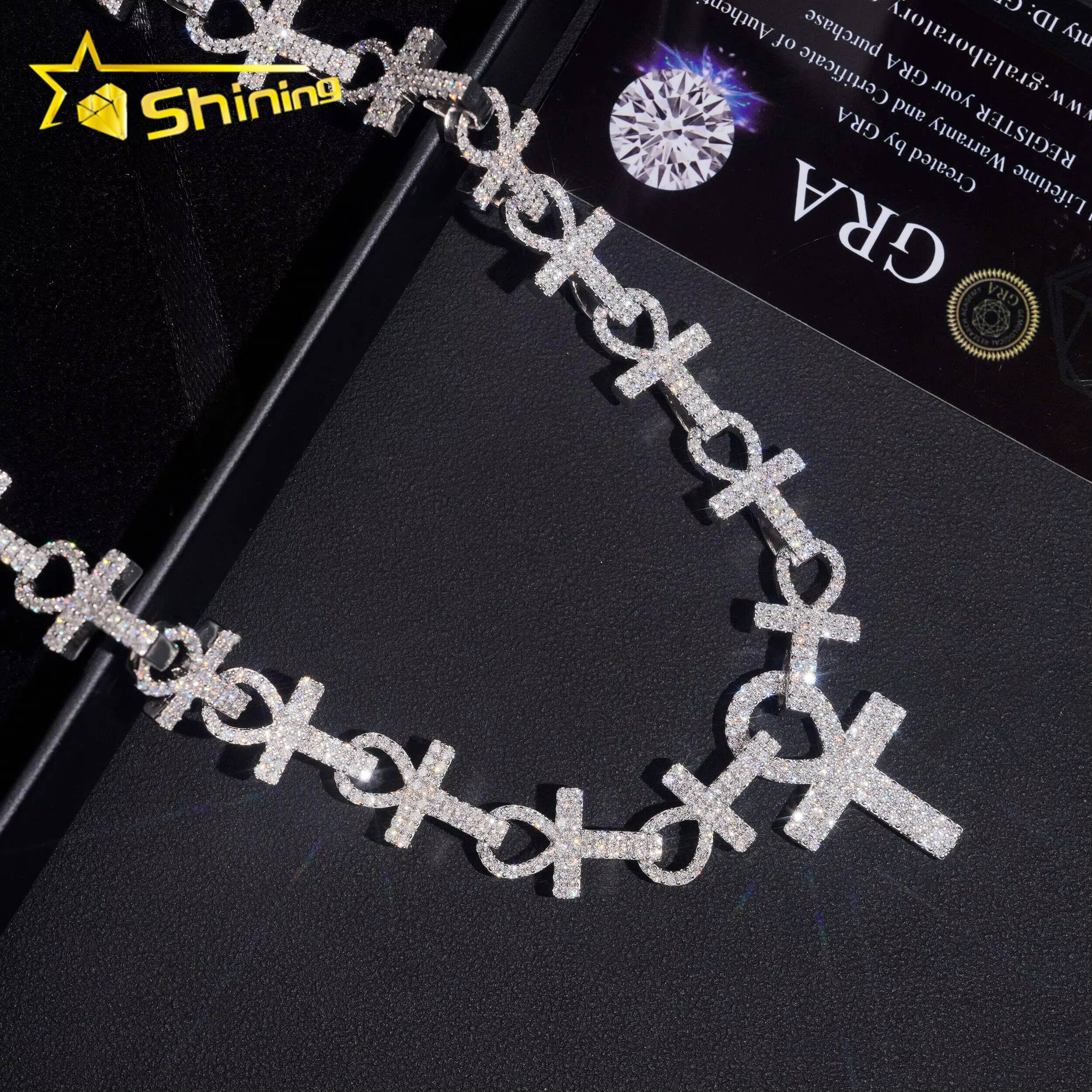 Ankle Cross Moissanite Necklace Chain Pass Tester VVS Moissanite 925 Silver Gold Plated Hip Hop Iced Out Cuban Link Chain