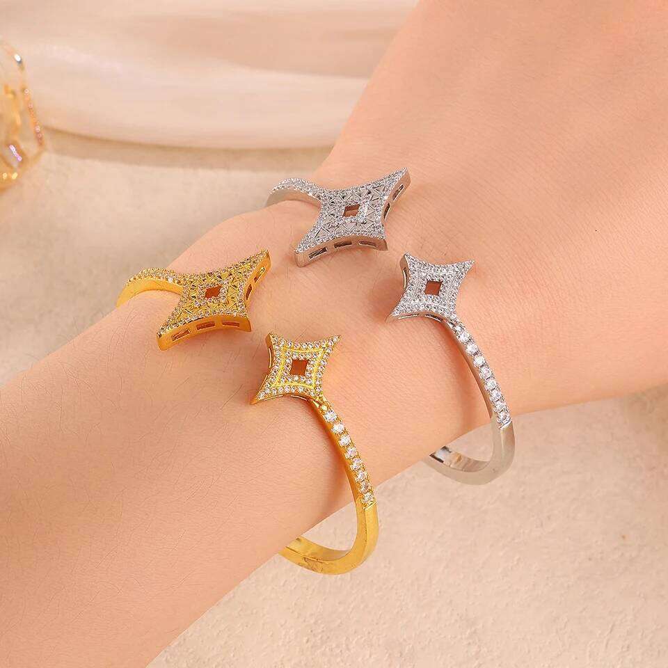 ZAKOL Four-Pointed Star Adjustable Open Bracelet Elegant Statement Sparkling Zirconia Jewelry for Women Wedding Party