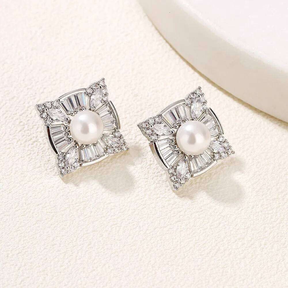 ZAKOL Simple Cubic Zirconia Imitation Pearl Square Stud Silver Color CZ Statement Earrings Hot Sale Jewelry