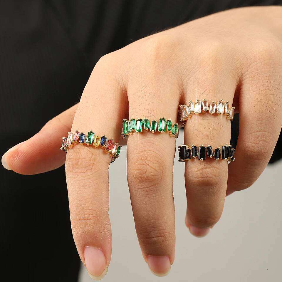 ZAKOL Korean Colorful Zircon Open Rings for Women Rectangle Crystal Finger Ring Engagement Wedding Party Jewelry