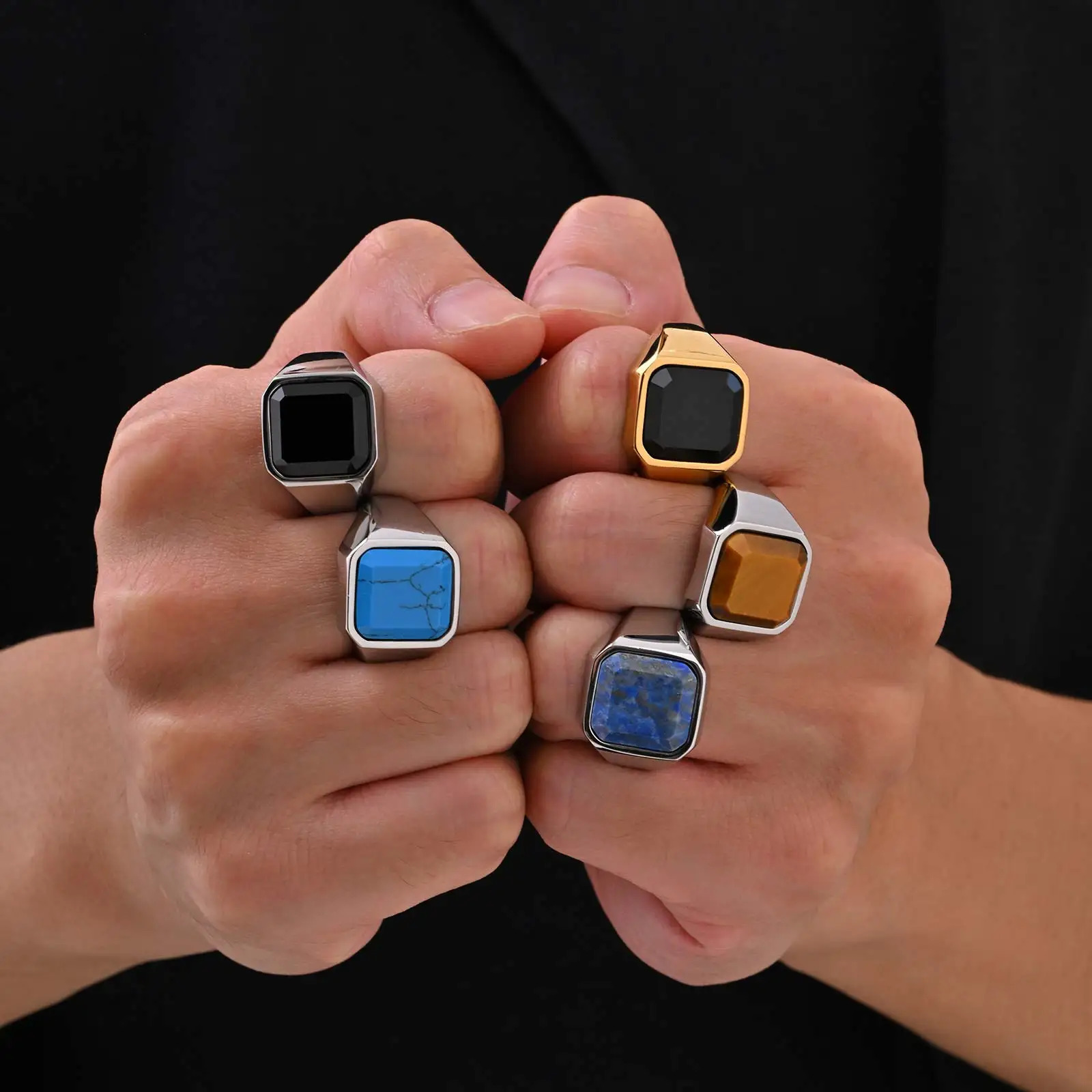 Punk Natural Stone Ring for Men BoysNever Fade Stainless Steel Square Signet RingBirthday Valentines Day Father Gift for Him 251213