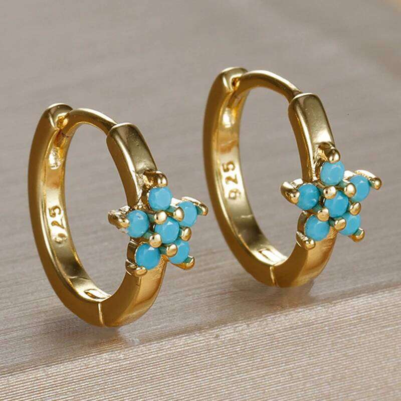 Trendy Flower Round Blue Turquoise Earrings For Women Girls U-shaped Metal Stone Ears Accessories Festival Jewelry Gifts ZAKOL