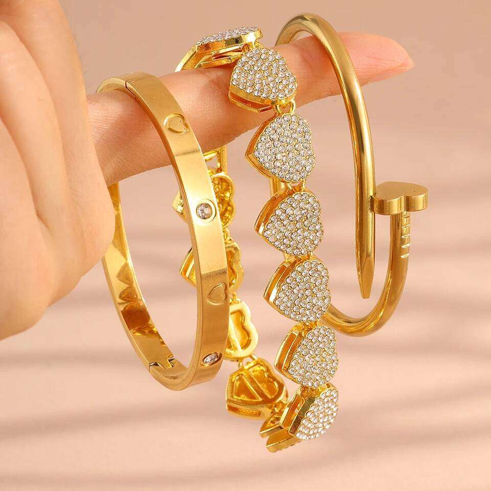 ZAKOL 3Pcs/Set Pink Rhinestone Hip-hop Bracelet Set Unisex Heart Charm Stainless Steel Stackable Jewelry