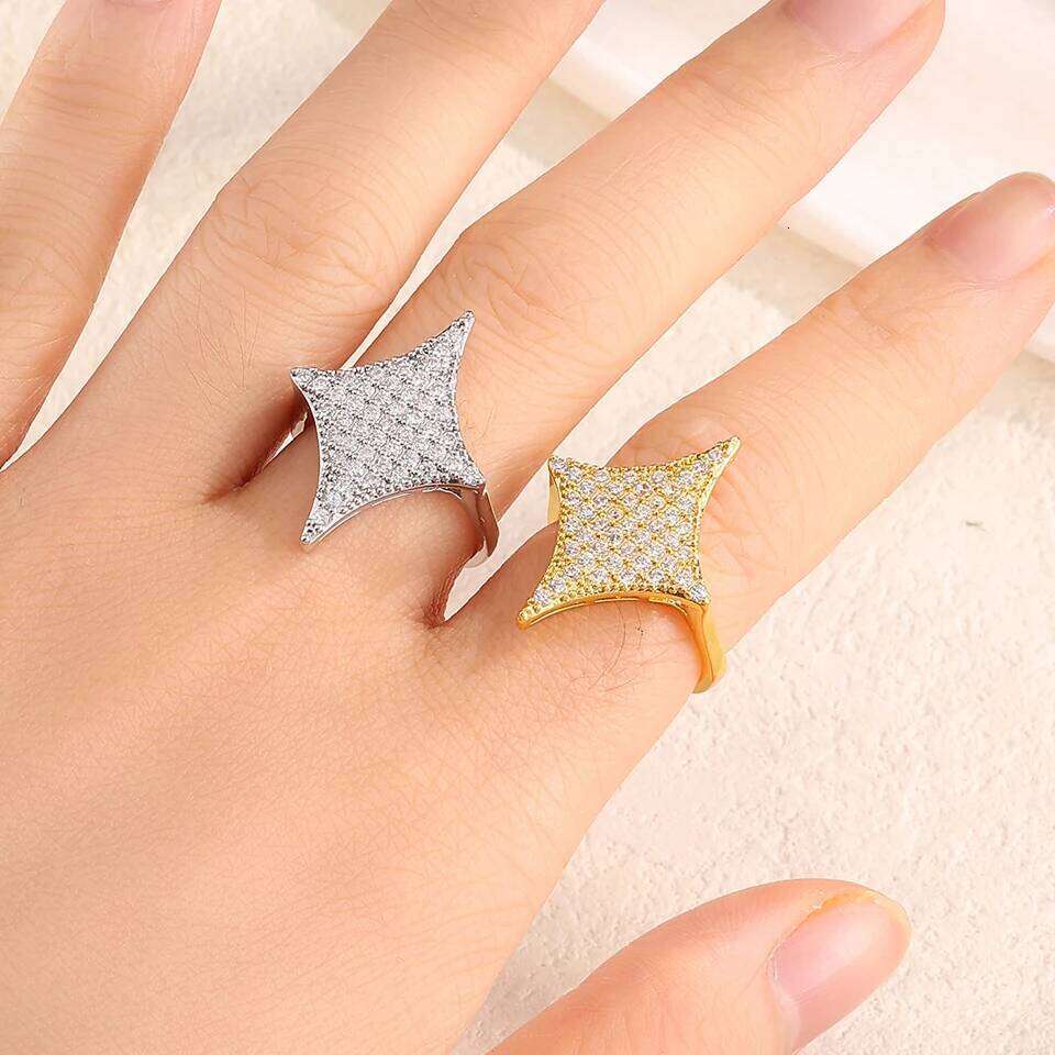 ZAKOL Advanced Four Pointed Star Open With Micro Inlaid Zirconia Ring For Women Shiny Crystal Exquisite Jewelry Gift