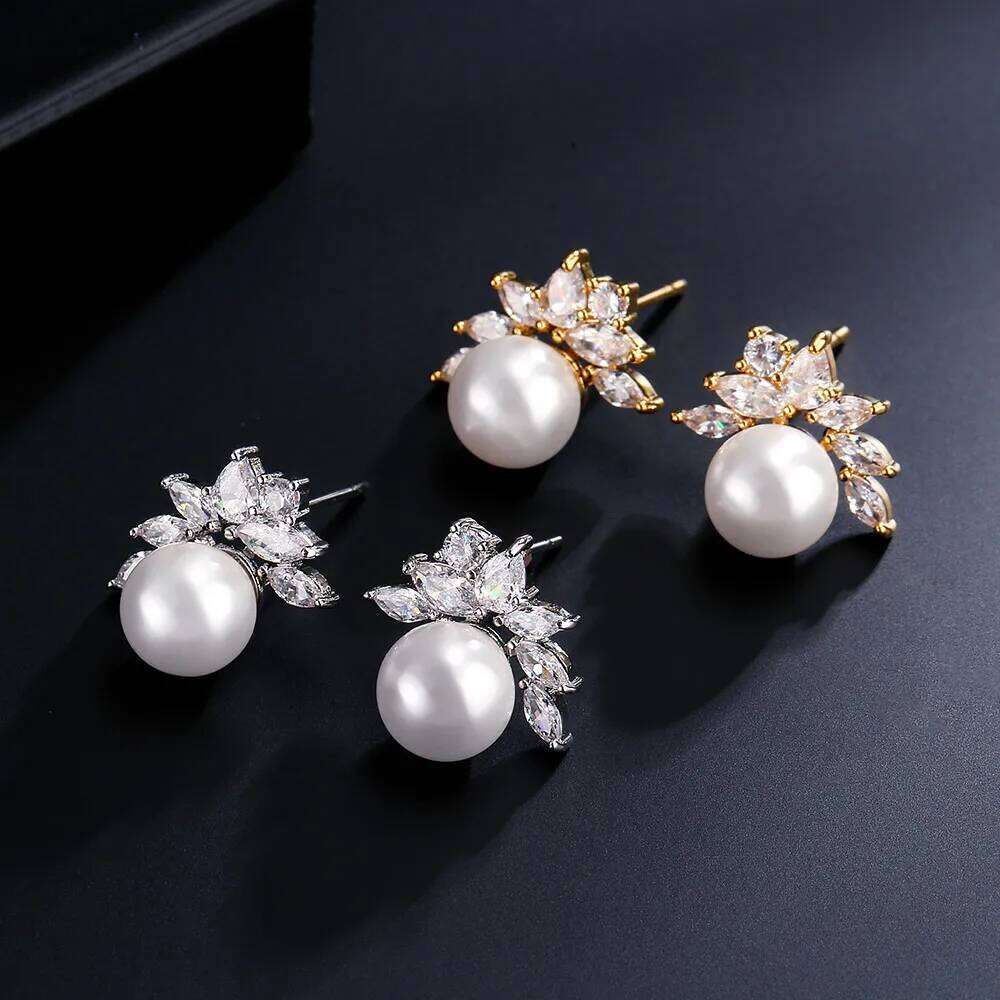 ZAKOL Exquisite Sparkling Zircon Imitation Pearl Stud Earrings for Women Girls Cute Sweet Unique Design Bridal Wedding Jewelry