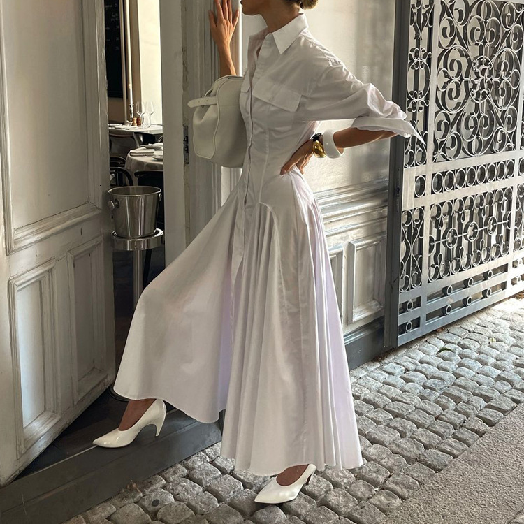 Designed Pleated Single-Breasted Shirt Autumn New Turn-Down Collar Sleeve free shipping High Waist Elegant White Long Dress
