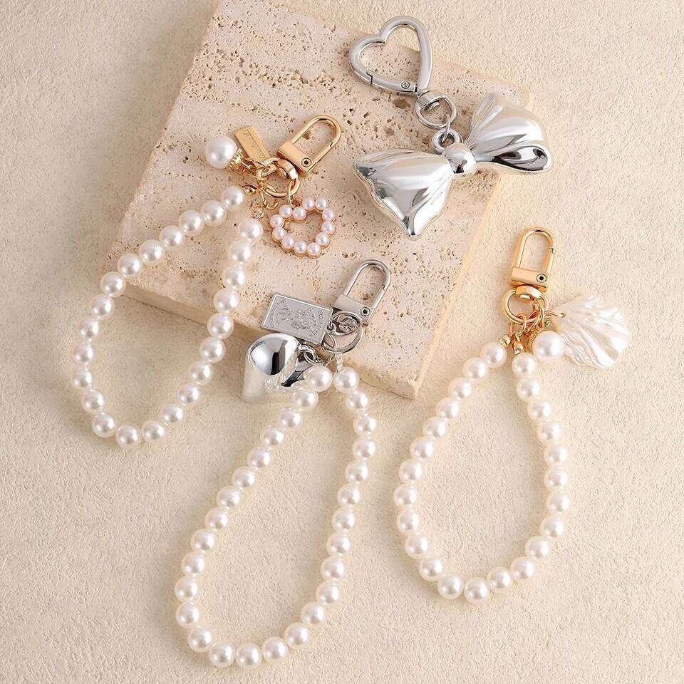 ZAKOL White Bowknot Heart Keychain Women Sweet Charm Pearl Bow Backpack Key Ring Handmade Jewelry Ornament Bags Pendants Gif