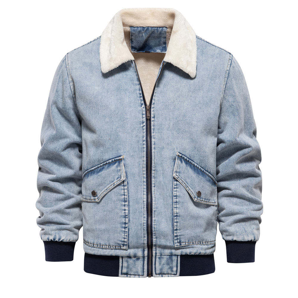 WOZK autumn and winter new men's velvet denim jacket jacket, casual quality washed denim top designer