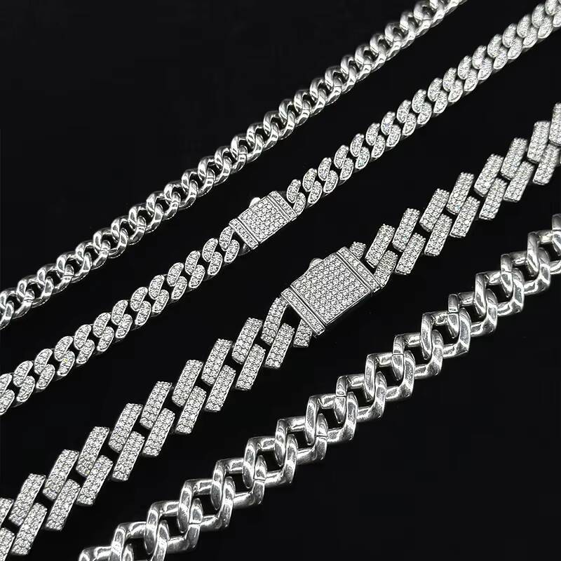 Cuban Link Chain 8mm-14mm S925 Sterling Silver Rhodium Plated VVS D Color Moissanite Bracelet Necklace Cuban Style Link Chain