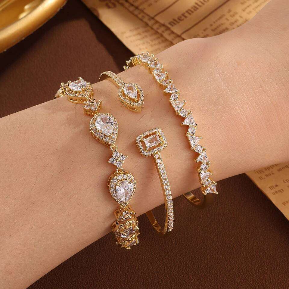 ZAKOL Classic Shiny Water Drop Zircon Adjustable Bracelet Bangles for Women Sliver Gold Color Aesthetic Bride Wedding Jewelry