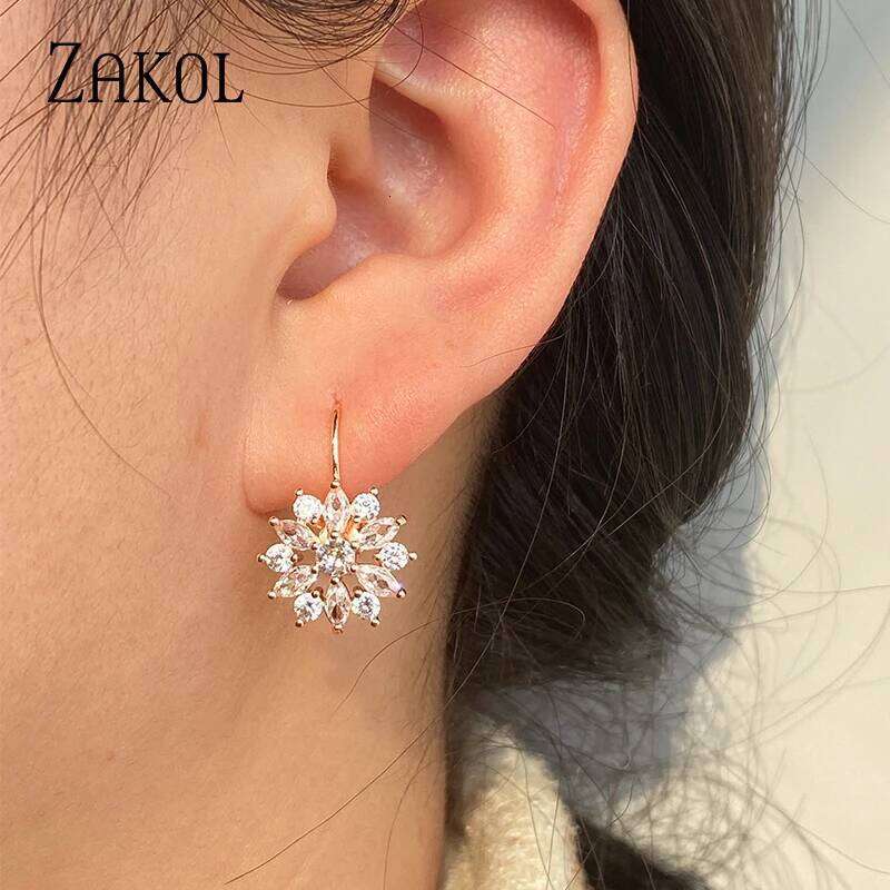 ZAKOL Fashion Rose Gold Color Flower Hoop Earrings for Women CZ Crystal Zircon Earring Brincos