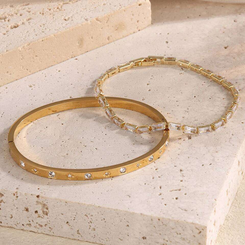 ZAKOL 2 Pieces Geometric Zircon Thin Bracelets for Women Stainless Steel Stacked Bracelet Bangle Party Accessories Gift