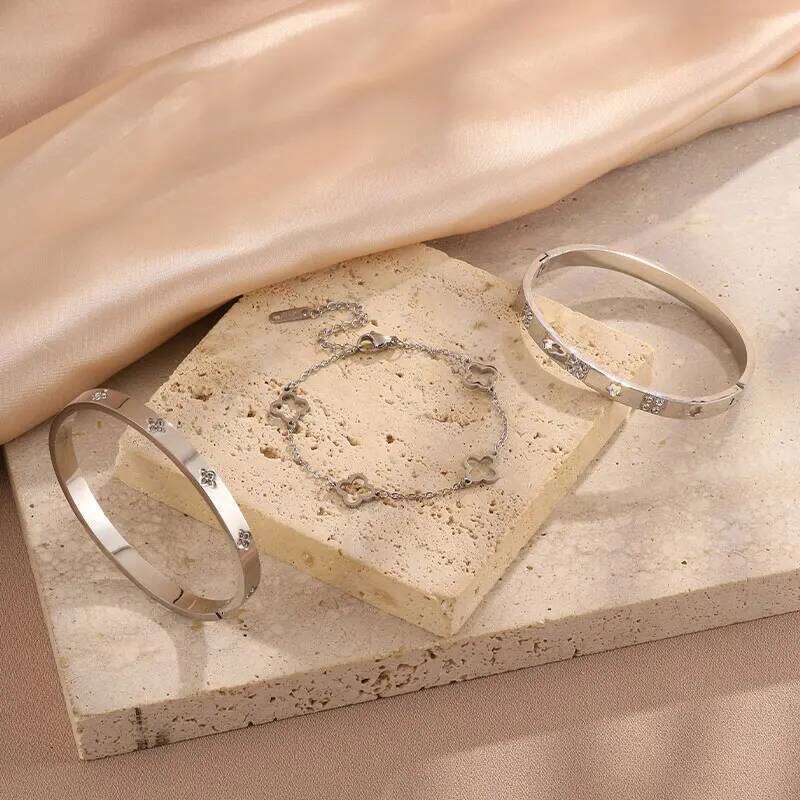 ZAKOL 3 Piece Hollow Lucky Clover Flower Bracelet Set for Women Fashion Stainless Steel Shiny Zircon Charm Party Jewelry Gift