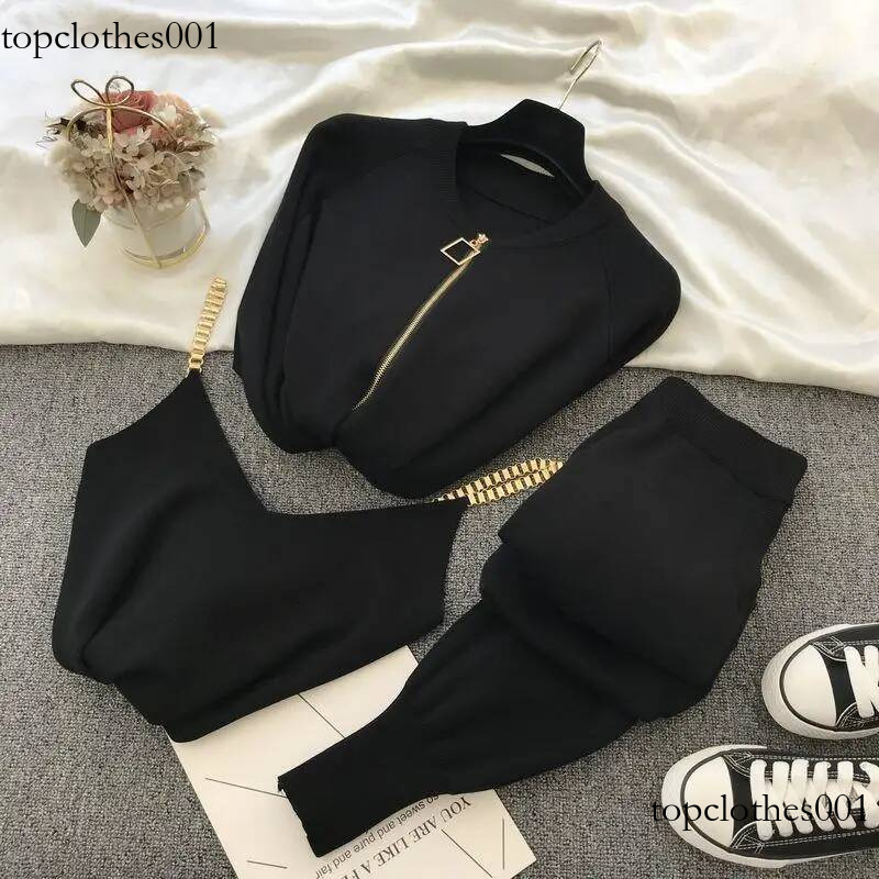 Women Zipper Knitted Cardigans Sweaters Pants Sets + Vest Woman Fashion Jumpers Trousers 3 PCS Costumes Outfit