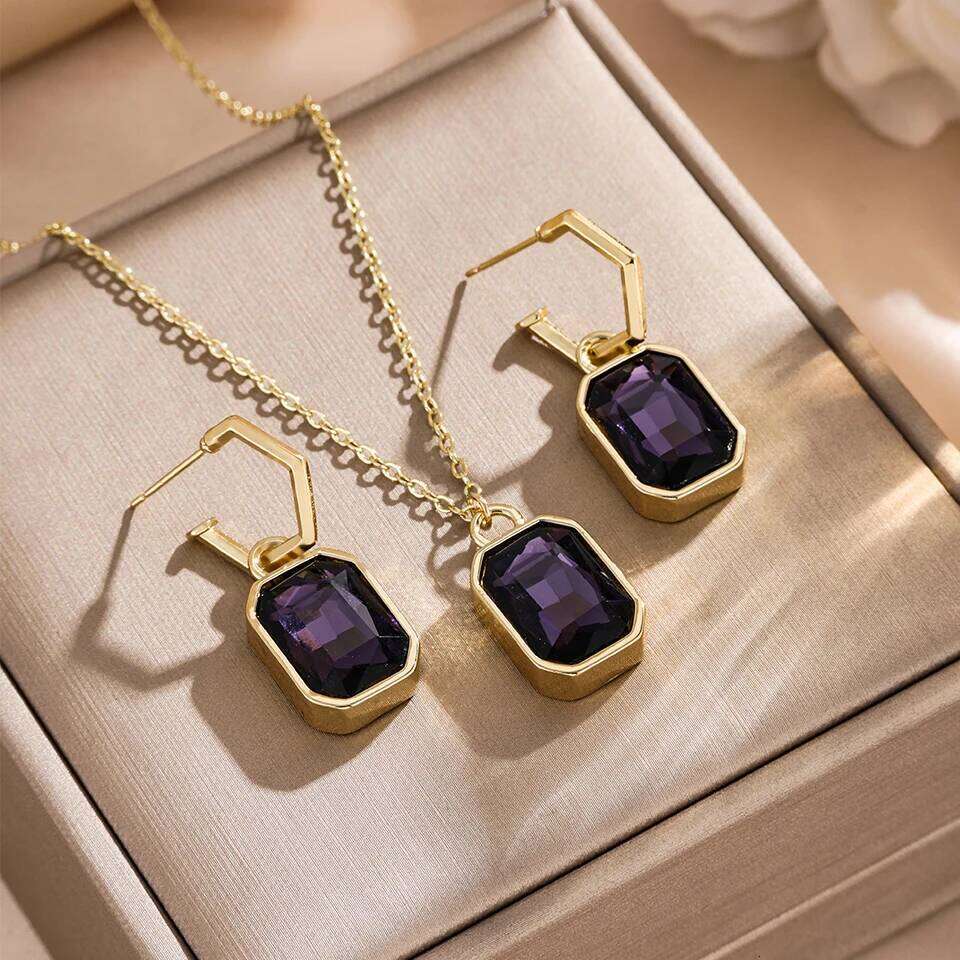 ZAKOL Colorful Big Square Crystal Zircon Pendant Earring Necklaces Elegant Retro Gold Color Chain Women's Party Jewelry Set Gift