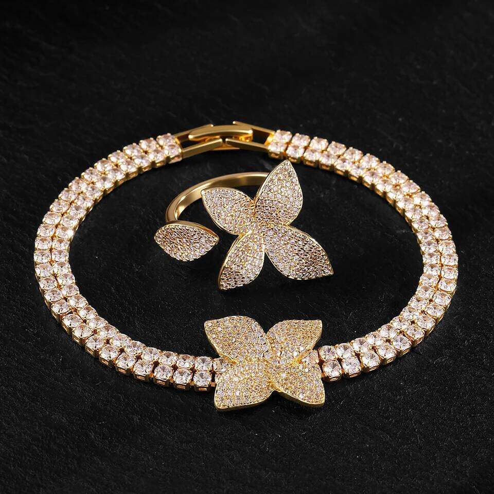 ZAKOL Luxury Brilliant Full Micro-inlaid Zircon Leaf Flower Bracelet Ring for Women Buling CZ Engagement Wedding Party Jewelry