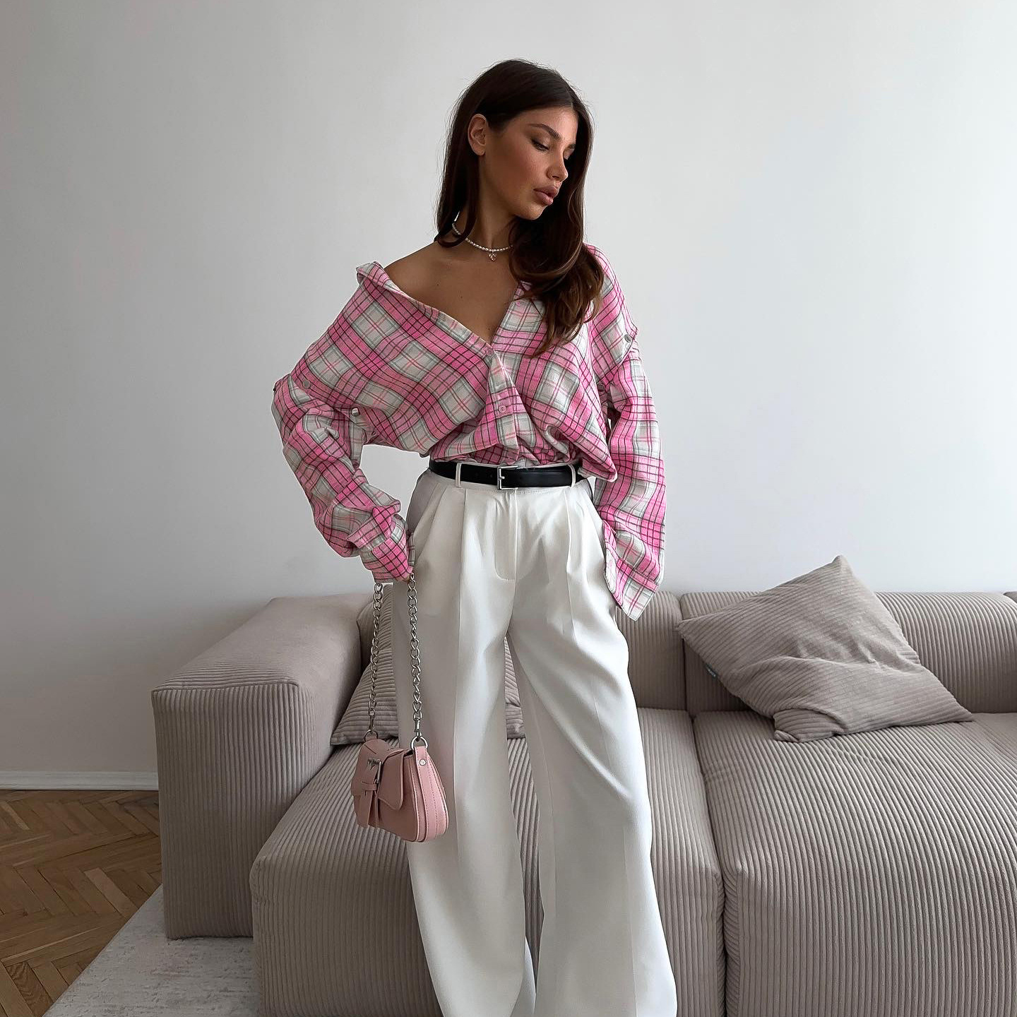 Pink Plaid Shirt for Women, New European and free shipping American Style, Versatile Loose Shirt, Detachable Long Sleeve, Turn-down Collar, Outerwear 