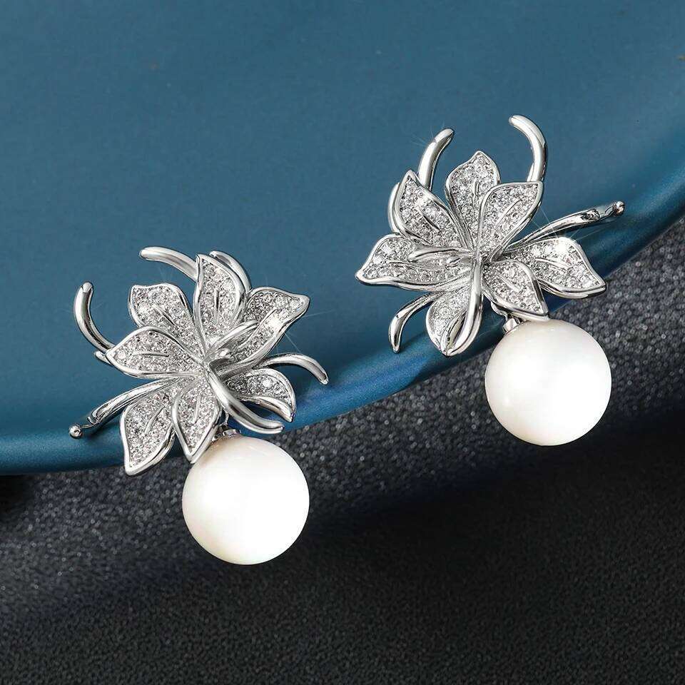 ZAKOL Gorgeous Flower Imitation Pearl Earrings for Women Luxury Inlaid Sparkling Zircon CZ Wedding Jewelry Wholesale