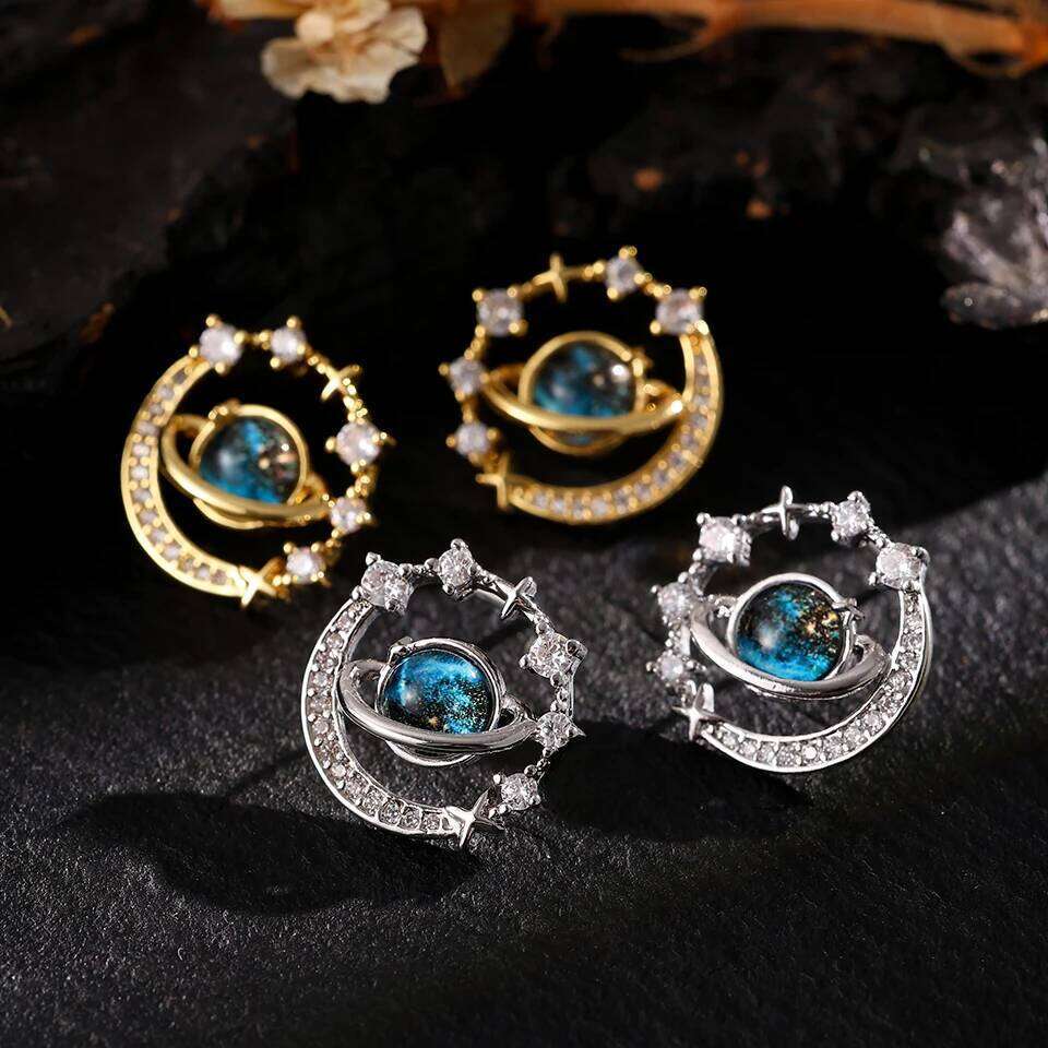 ZAKOL New Universe Planet Shiny Zircon Stud Earrings for Women Korean Fashion Aesthetic Jewelry Ear Accessories