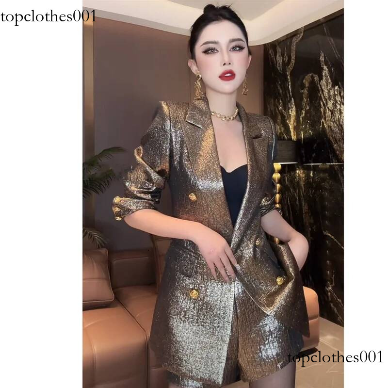 French Celebrity Metallic Shiny Party Suits Elegant Women Two-Piece Set Fashion Buttons Blazer + Slim Shorts OL Outfits 194B