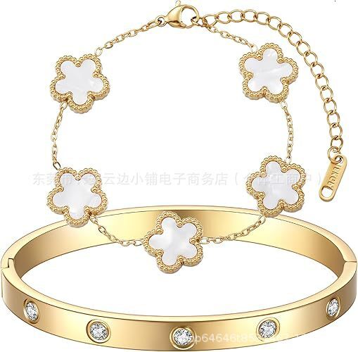 Luxury Brand Designer Jewelry Hot Sale Titanium Steel Five-Leaf Flower Bracelet Oval Inlaid Diamond Bangle 18K Gold High-Grade Non-Fading Bracelet Who