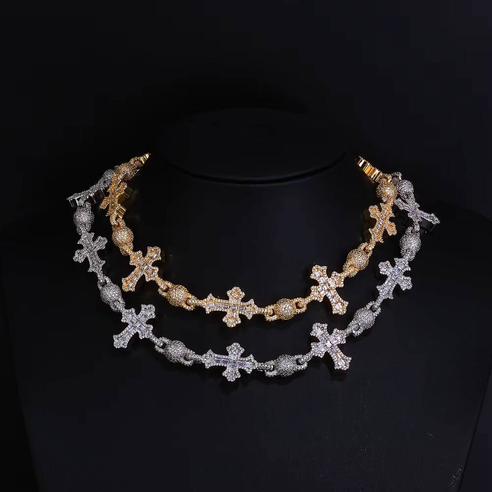 NUOYA Luxury Diamond Necklace 18mm Iced Out VVS Moissanite 925 Silver Round Bead Design Cross Link Chain Necklace Fine Jewelry