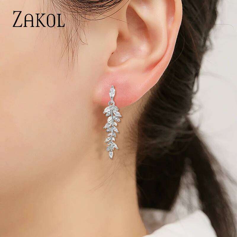 ZAKOL Charm Gold Color Leaf Earrings for Women Exquisite Tiny Zirconia Dangle Earring Elegant Korean Crystal Wedding Jewelry