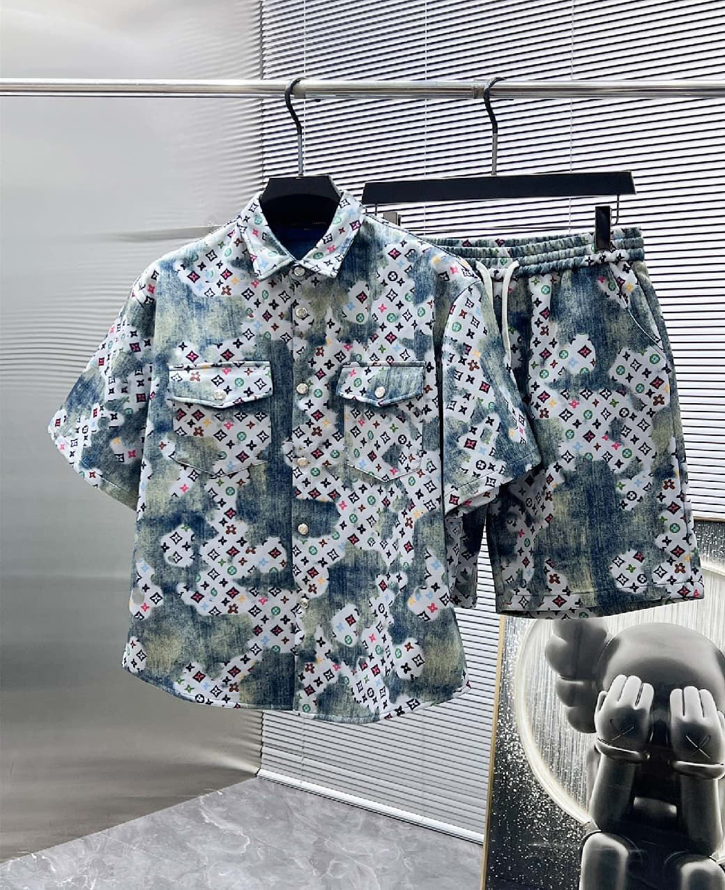 Designer Men's Tracksuits 2026 Summer Men's denim shirt setColor Block cardigan Shirt Casual Short Sleeve Shorts Beach loose Set Sportswear for men Asian size M-XXXL