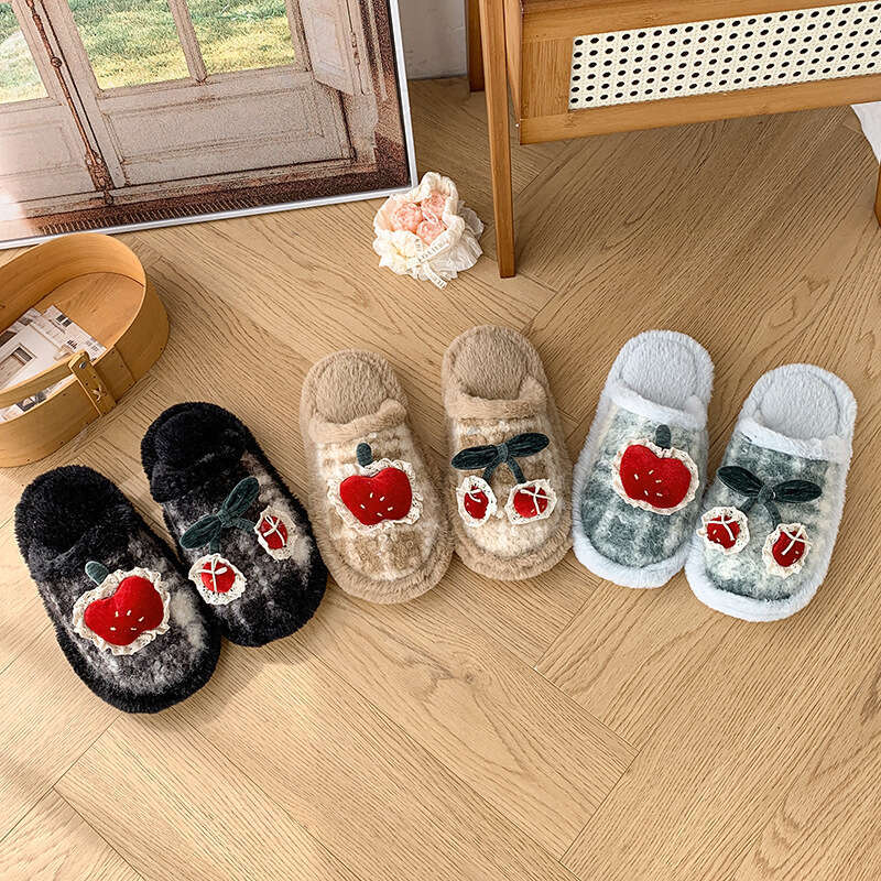 Buy 1 Get 1- Cute Little Cherry Plush for Women Winter Dirt-Resistan Comfortable Soft Sole Fleece-Lined, Non-Slip Cotton Slippers