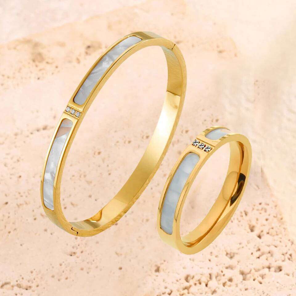 ZAKOL Classic Stainless Steel Fritillaria Bracelet Ring Set 18K Gold Color Shiny Zircon Daily Party Jewelry Accessories