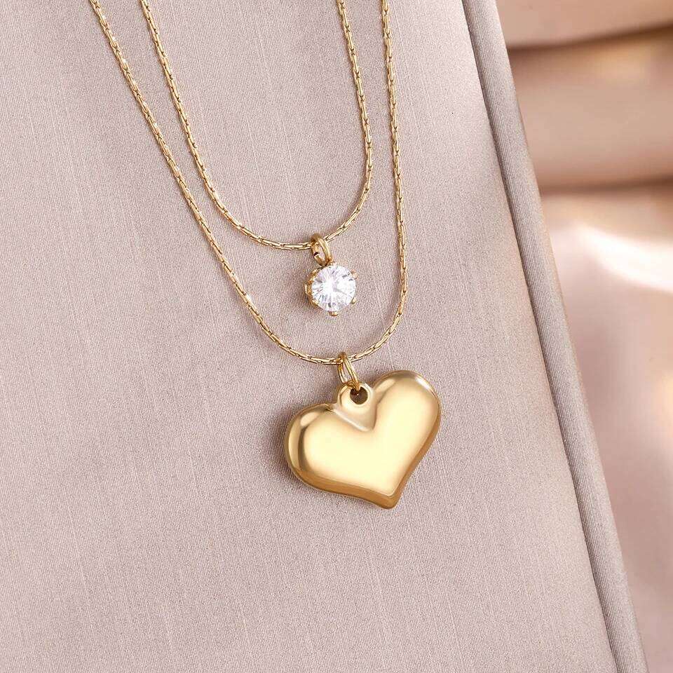 ZAKOL Stainless Steel Double-Layered Shiny Zirconium Metal Heart-Shaped Pendant Necklace, Fashionable And Personalized Birthday