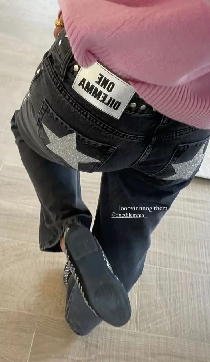 Gothic Womens ONE DILEMMA Jeans Y2K Clothing Fashion Sequin Five Pointed Star Rivet Retro Jeans Mid Rise Wide Leg Trousers 251217