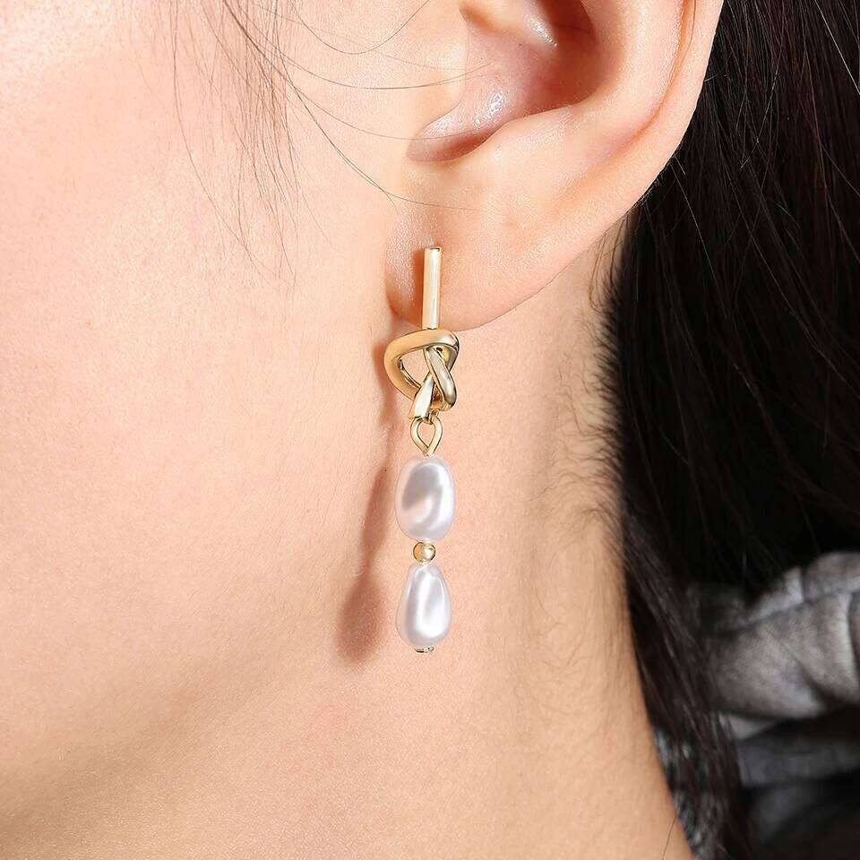 ZAKOL Golden Knotted Metal Imitation Pearl Pendant Earrings for Women Elegant Party Jewelry Holiday Gift