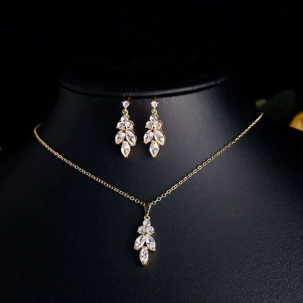 ZAKOL Classic AAA Cubic Zirconia Leaf Dangle Earrings&Necklace Set Sliver/Gold/Rose Gold Color Wedding Party Jewelry Accessories