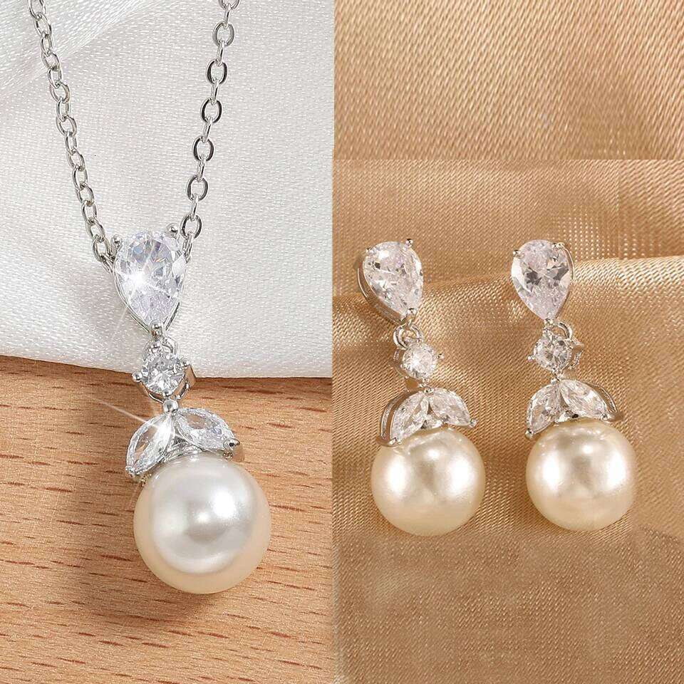 ZAKOL Elegant Clear Zircon Imitation Pearl Earring Necklaces for Women Minimalist Versatile Bridal Wedding Jewelry Set
