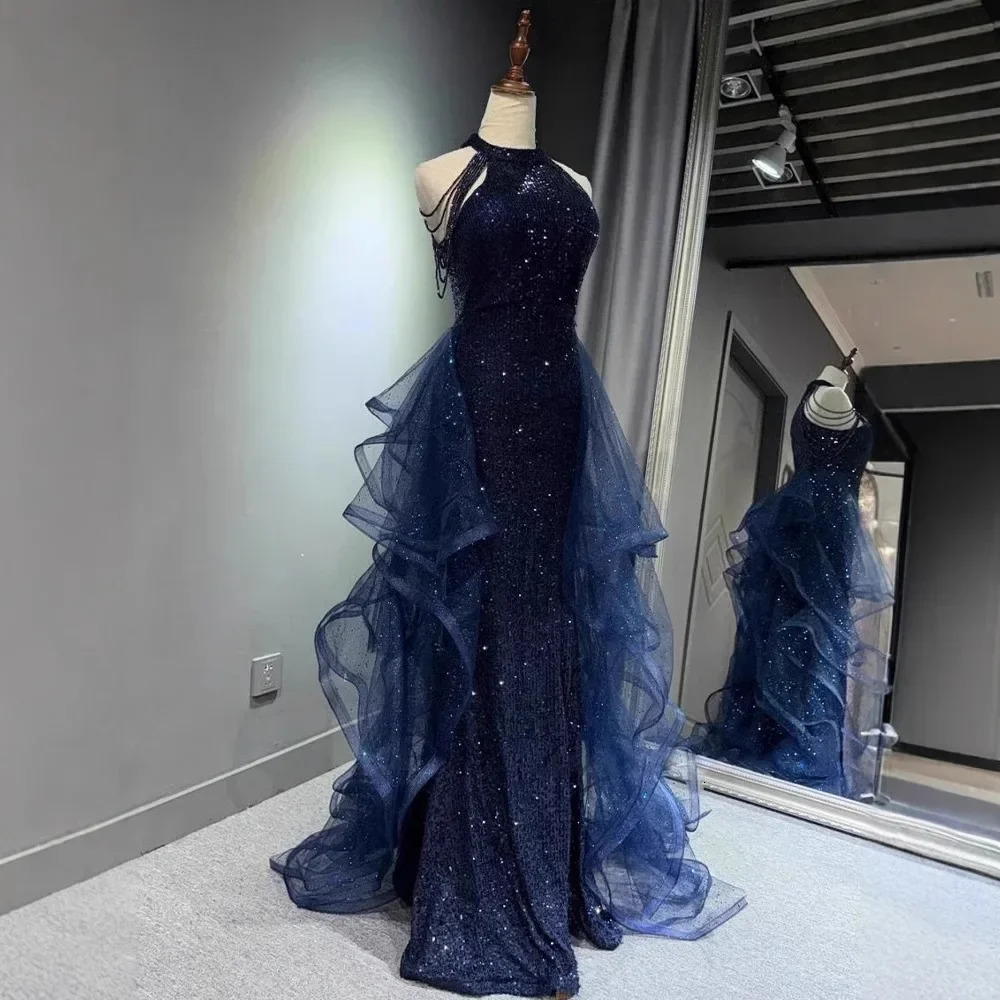Elegant Sparking Navy Blue Evening Dresses Halt Beading Party Gown Customized Prom Dress 2025 251217