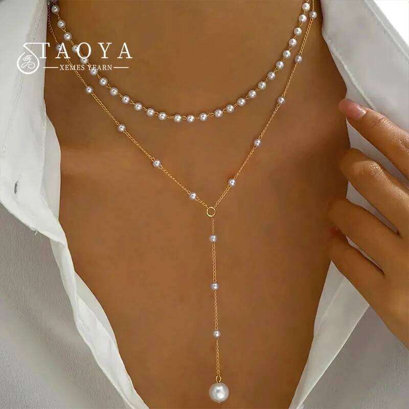 European and American Double-layer Imitation Pearl Pendant Necklace Sexy Round Beads Collarbone Chain For Womens Jewelry