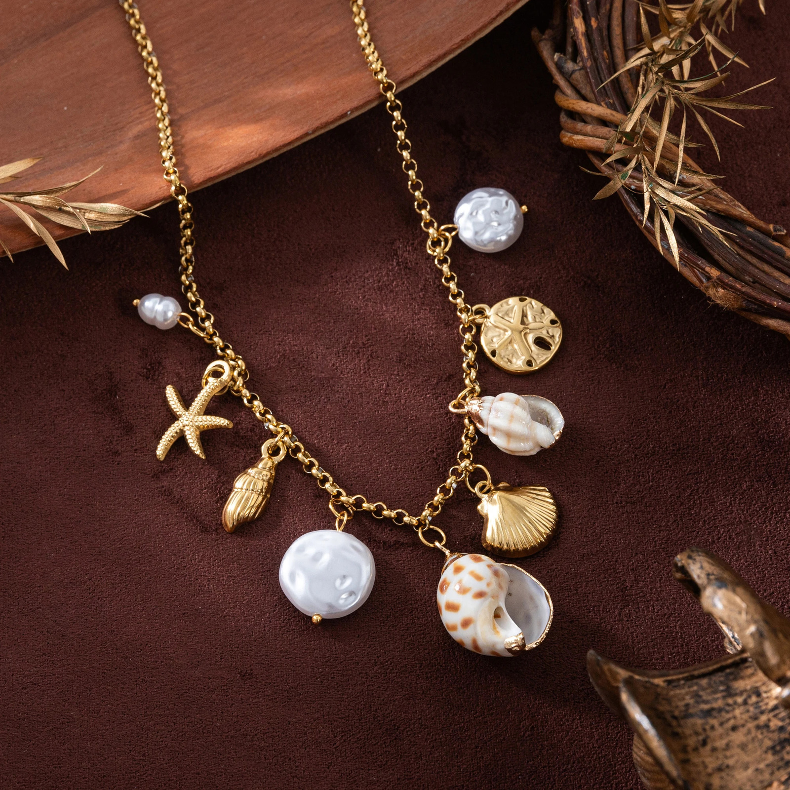 Stainless steel summer beach breeze shell starfish conch pearl necklace vacuum plated 18K gold color retention 251223