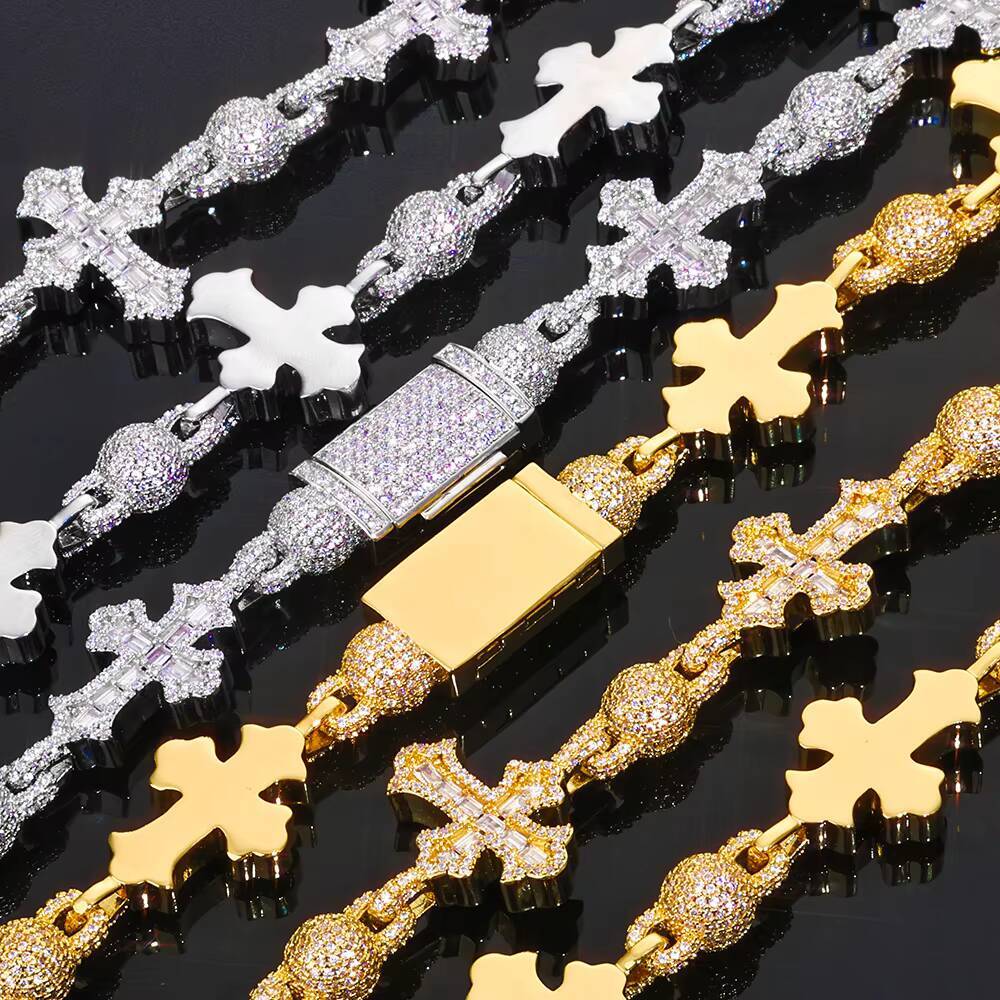 NUOYA Luxury Diamond Necklace 18mm Iced Out VVS Moissanite 925 Silver Round Bead Design Cross Link Chain Necklace Fine Jewelry