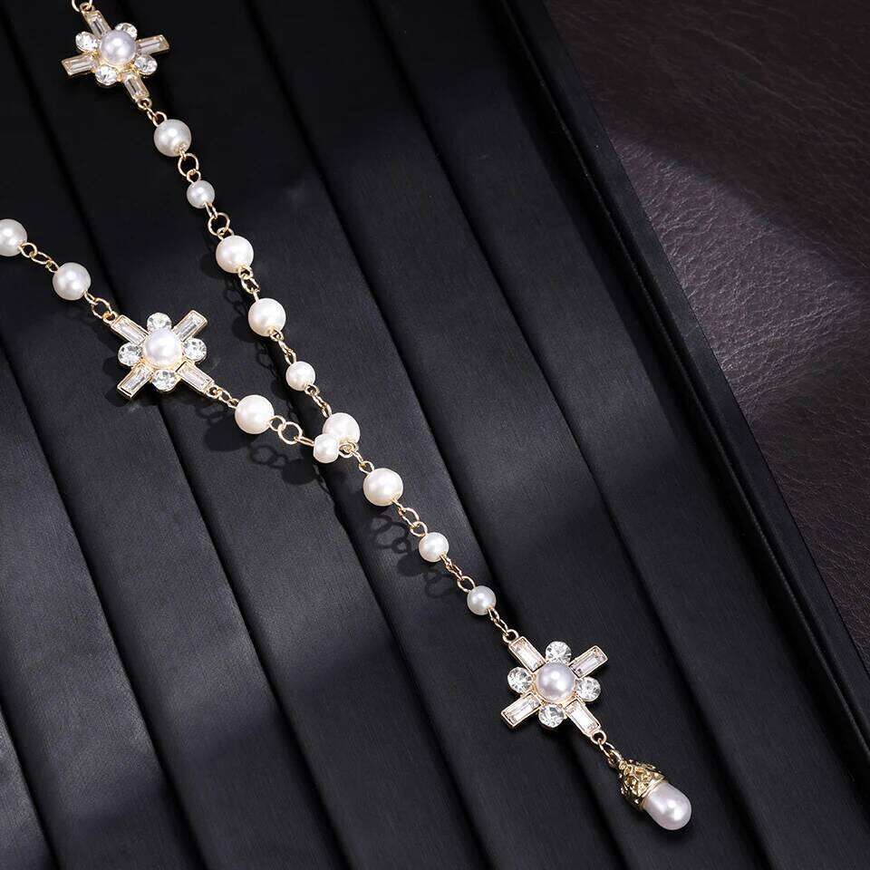 ZAKOL Luxury Double Layer Long Pearl Pearls Flower Sweater Chain Necklace for Woman Exquisite Party Wear Jewelry