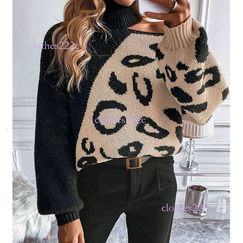 European And American Autumn Winter New For Women Sexy Off-Shoulder Leopard Print Patchwork High Neck Pullover Knitted Sweater Factory Luanyun