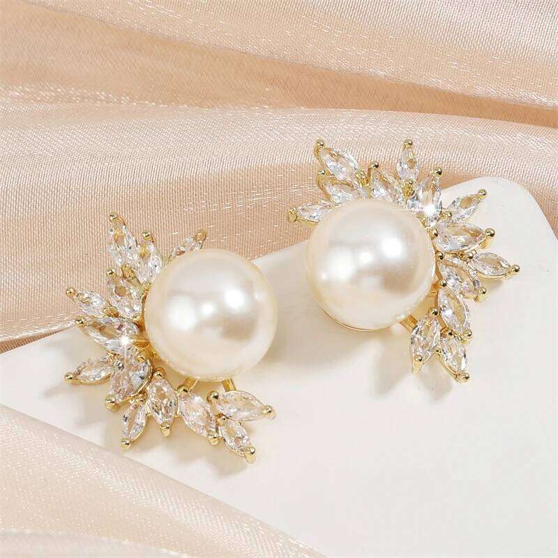 ZAKOL White Imitation Pearl Leaf Stud Earrings for Women Shiny Marquise Zircon Bridal Earring Wedding Jewelry