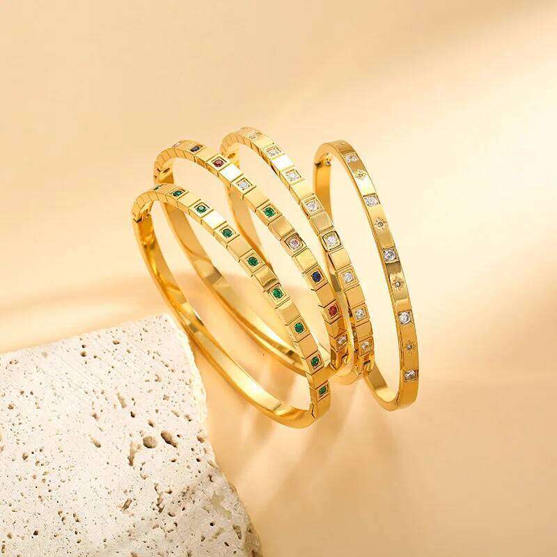 ZAKOL Inlaid Square Small Colored Zircon Stainless Steel Bangle Bracelet for Women Luxury Gold Plated Wedding Party Jewelry