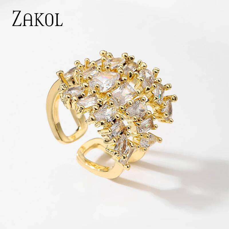 ZAKOL Fashion 3 Layers Irregular Zirconia Open Rings for Women Silver Color Ring Rectangle Shinny Jewelry