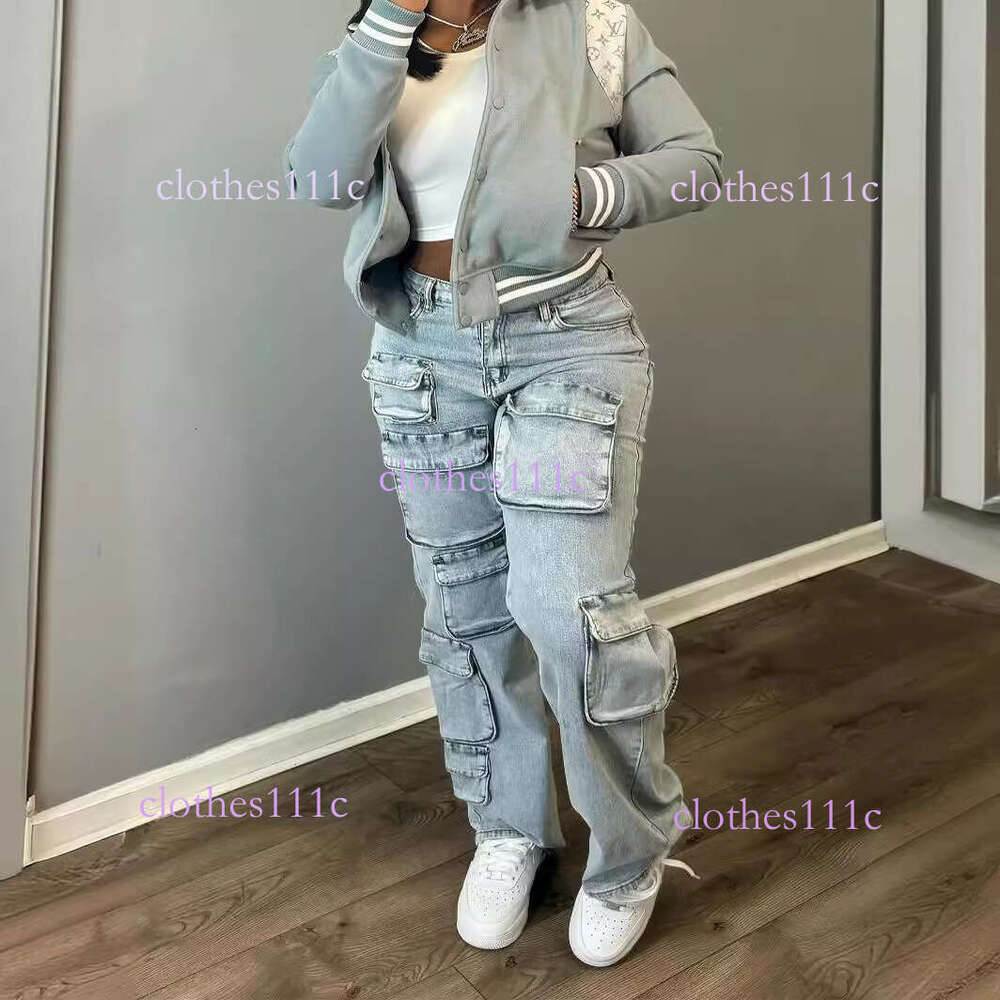 New European And American Women's Fashion Sexy Street Trendy Three-Dimensional Multi-Pocket Cargo Style High Elasticity Denim Straight-Leg Pants 