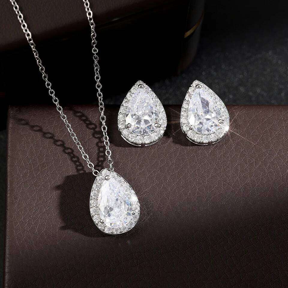 ZAKOL 2 Pcs Classic Water Drop Zircon Earring Necklaces for Women Luxury Shiny Crystal Wedding Jewelry With Gift Box